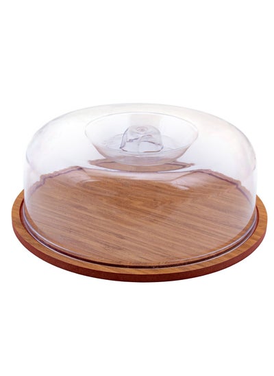 Buy Round Wooden Cake Serving Tray with  Transparent Cover  - 26cm in UAE