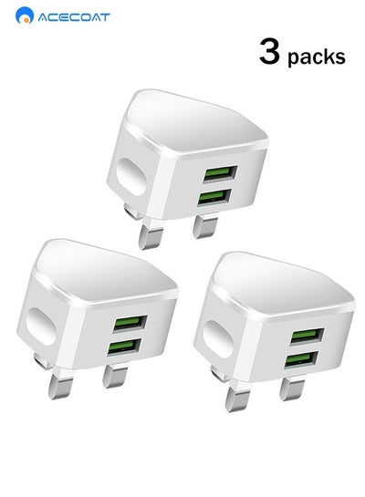 Buy UK Fast Charger with Dual USB-A, 5V 2A Home Wall Plug Adapter with Smart Shunt, Multi-port Phone/Watch/Fan Charging Plug with 2 USB, UK/Hong Kong/Singapore/Malaysia/Kenya Travel Charger, White 3-Pack in Saudi Arabia