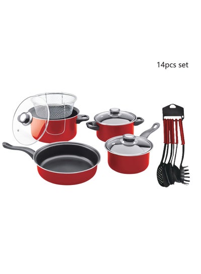 Buy 14-Piece Non Stick Cookware Set Red in UAE
