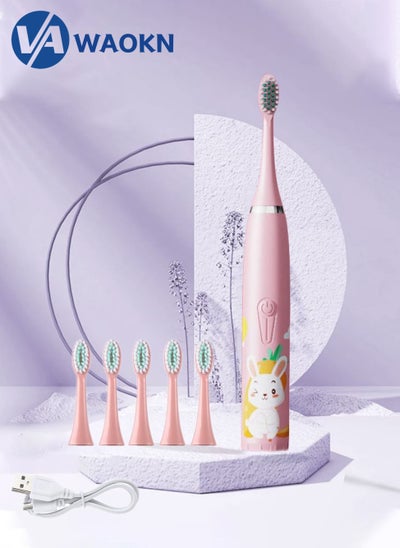 Buy Rechargeable Children's Sonic Electric Toothbrush High-frequency Vibration IPX6 Waterproof Power Toothbrush 4 Modes Adjustable Smart Electric Toothbrush with 6 Detachable Soft-bristle Brush Heads in Saudi Arabia