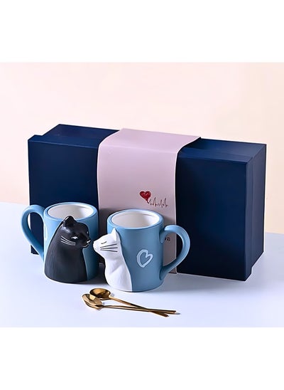 Buy Cat Couple Mug set, Unique Funny Tea Ceramic Cup Set for Bride and Groom, Matching Gift For Birthday, Anniversary, Wedding, Engagement Valentines Day Girlfriend Wife (Cat mug) Blue 400ml in UAE