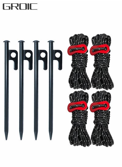 Buy 4Pack 8 Inch Heavy Duty Tent Stakes with 4 Ropes 13ft Reflective Guy Lines Kit for Outdoor Camping Pegs Tree Tarp Canopy Gardening Metal Ground Anchors in UAE