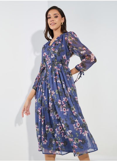 Buy Floral Print Tie-Cuff Sleeves A-Line Midi Dress in Saudi Arabia