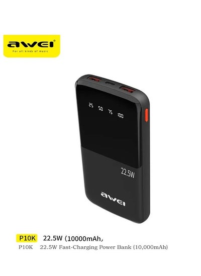 Buy Awei P10K 3 in 1Portable Power Bank 10000mAh With 2USB &1 Type C Outputs 22.5W Fast charge - Black in Egypt