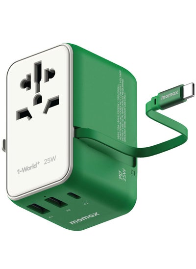 Buy Momax UA20 1-World 25W GaN 3 Ports + Multi Plug Travel Adapter Multi Volt 100-240V USB-C / USB-A with Retractable USB-C Cable - Green in UAE