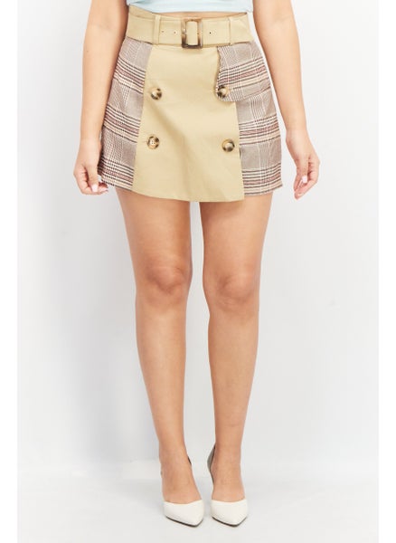 اشتري Women Plaid Belted Short, Beige Combo في الامارات