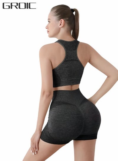 اشتري Women's Seamless Workout Sets 2 Pieces Outfit High Waist Gym Shorts Sports Bra Activewear Sets for Yoga Workout في الامارات