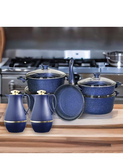 Buy 9-Piece Non Stick Original Granite Coated Cookware Set Casserole 1 (26), Casserole 2 (26), Casserole 3 (28), Casserole 4 (30) and 2-piece Diala thermos set for tea and coffee, with a capacity of 1 lit in UAE