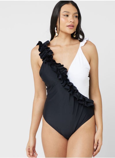 Buy Ruffle Detail Colorblock Swimsuit in Saudi Arabia