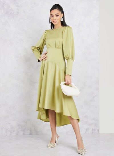 Buy Satin Long Cuff Sleeves Asymmetric Hem A-line Midi Dress in Saudi Arabia