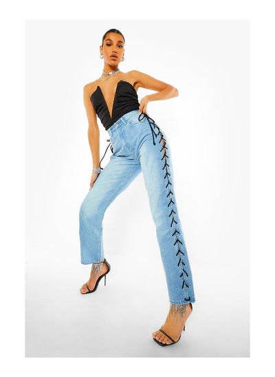 اشتري High Waist Lace Up Boyfriend Jeans في الامارات