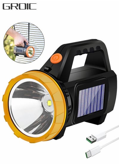 Buy Solar Rechargeable Handheld Flashlight, Led Flashlight High Lumens Super Bright with Cob Light,  Portable Searchlight Waterproof 1500 Mah for Mining,Camping, Hiking, Fishing in UAE