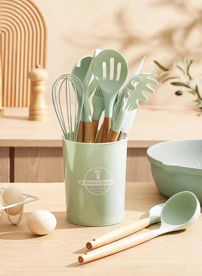 Buy 12-Piece Wooden Handle Bucket Cookware Spoon Set Green in Saudi Arabia