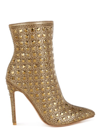 Buy Pointed Toe Rhinestones Stiletto Boots in Gold in UAE