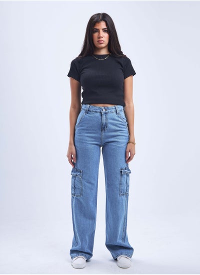 اشتري High-Waist Medium Blue Shade Flap Pocket Cargo Jeans. في السعودية