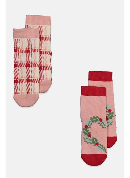 اشتري Toddlers Girl 2 Pairs Graphic Print Knit Socks, Pink/Red في الامارات