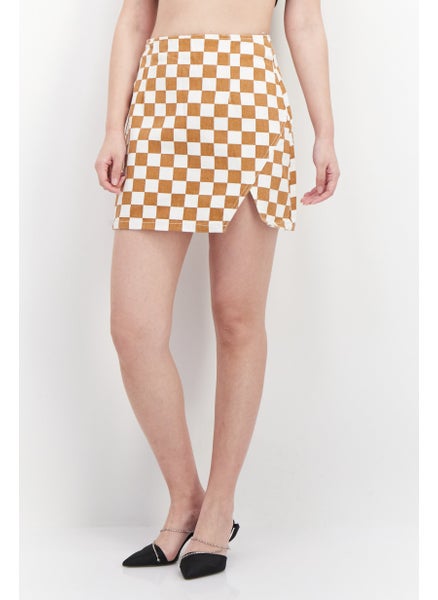 اشتري Women Checkered Demin Mini Skirt, White/Tan في الامارات