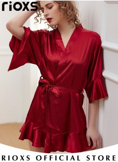 Buy Women's Silk Robe Lightweight Kimono Bathrobe Short Robes Soft Bridesmaids Sleepwear Dress Loungewear With Belt in UAE