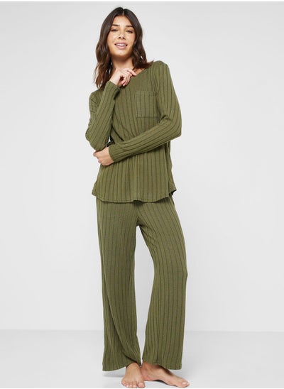 Buy Ribbed Long Sleeves Top & Pyjama Set in UAE