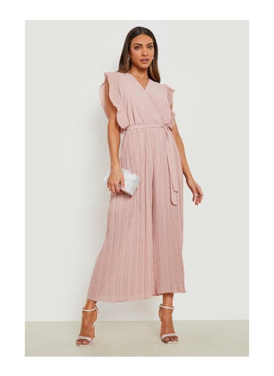 Buy Pleated Frill Sleeve Tie Waist Jumpsuit in UAE