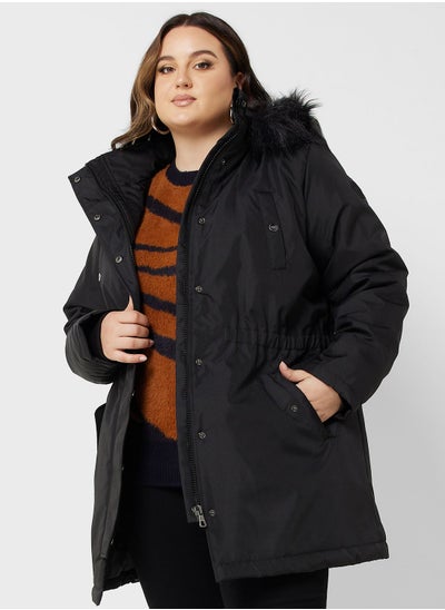 Buy Pocket Detail Fur Hooded Jacket in UAE