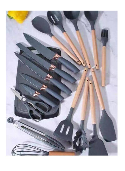 Buy A set of knife sharpening and a silicone kitchen distribution set with a heat-resistant, non-stick wooden handle, consisting of 19 pieces, with a planer in Egypt