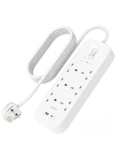 Buy Belkin 6-Outlet Surge Protector Power Strip, Wall-Mountable with 6 AC Outlets, 2M Power Cord, & Green Indicator Light - USB-C Port & USB-A Port w/USB-C PD Fast Charging - 650 Joules of Protection in Saudi Arabia