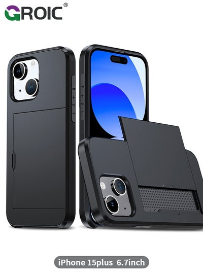 Buy iPhone 15 Plus Black Wallet Case with Card Holder, Heavy Duty Protective Dual Layer Slide Shockproof Hidden Card Slot Slim Case for Women Men in UAE