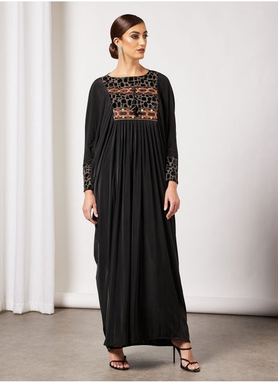 Buy Jersey Abaya With Contrasting Panel And Front Embroidery in Saudi Arabia