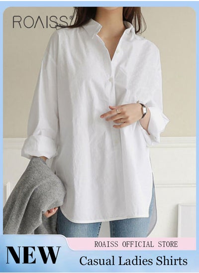 Buy Ladies Comfortable Lapel Shirt for Daily Commute - Single-Breasted Long Sleeve Top with Simple Solid Color Design and Loose Fit in UAE