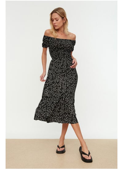 Buy Black Carmen Collar Printed Ribbed Knitted Dress in Egypt