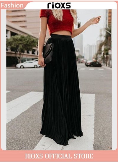 Buy Women's Casual High Waist A-Line Skirt Pleated Swing Maxi Skirt For Beach in Saudi Arabia