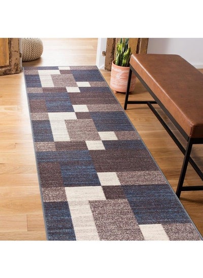 Buy Modern Boxes Design Nonslip (Nonskid) Runner Rug 2' X 7' (22" X 84") Blue in UAE