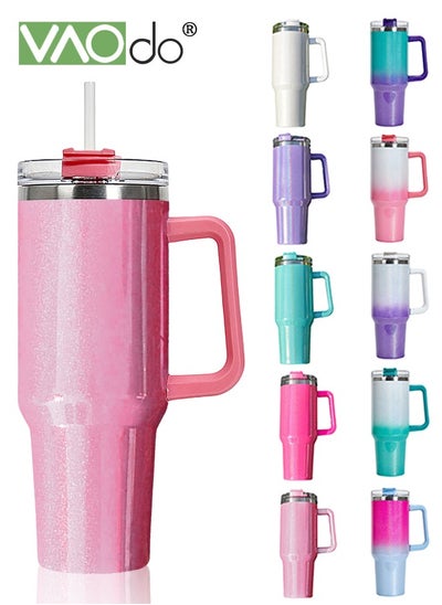 Buy 40 oz Tumbler with Handle and Straw Lid Reusable Stainless Steel Water Bottle Travel Mug Cupholder Friendly Insulated Cup Holiday Gifts for Women Men Him Her Pink 1100ML in Saudi Arabia