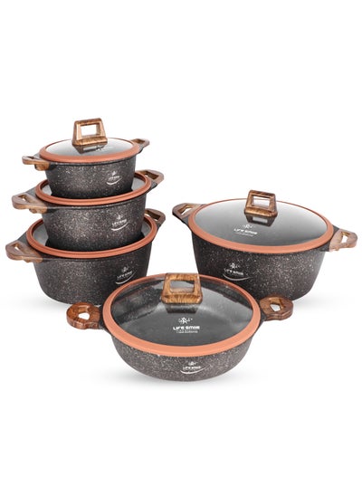 Buy 10-Piece Cookware Set - Pots and Pan Set Induction Base, Titanium Granite Non Stick Coating 100% PFOA FREE, Kitchen Cooking Set with Stay Cool Handles (Brown) in UAE