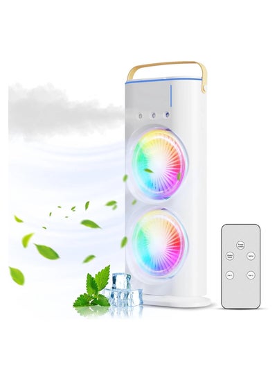 Buy Portable AIR Conditioner, Air Cooler fan, table Fan With Mist Humidifier, USB Rechargeable With Remote Control, Dual-Layer Design,3 Speeds, Long Battery Life,270ml Large Water Tank with 7 Colors Light in UAE