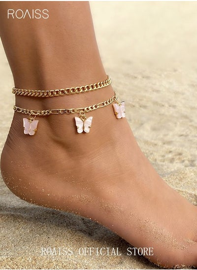 Buy 2pcs Anklet Pink Butterfly Decor Adjustable  Foot Chain Fashion Bracelets Jewelry for Women and Girls Gold in Saudi Arabia