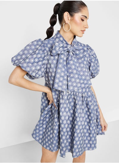 Buy Puff Sleeve Front Knot Tie Detail Dress in UAE