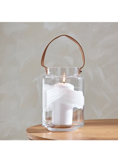 اشتري Live Clear Glass Textured Lantern With Leather Handle 14.2 x 21 x 14.2 cm في الامارات