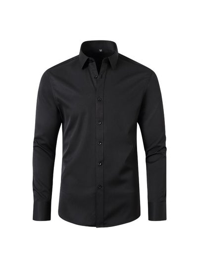 Buy Men's Elastic Long Sleeve Shirt Solid Youth Men's Wear Non iron Shirt Black in Saudi Arabia