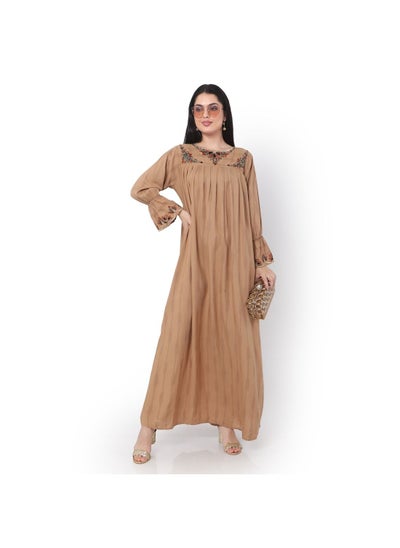 Buy PURE VISCOSE WITH PRINTED AND EMBROIDRED LIGHT BROWN ARABIC JALABIYA KAFTAN DRESS in UAE