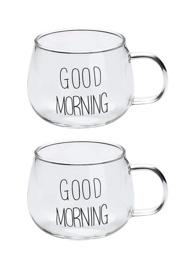 Buy Good Morning Text Pattern Glass Mugs 390ml 2 Pieces in Egypt