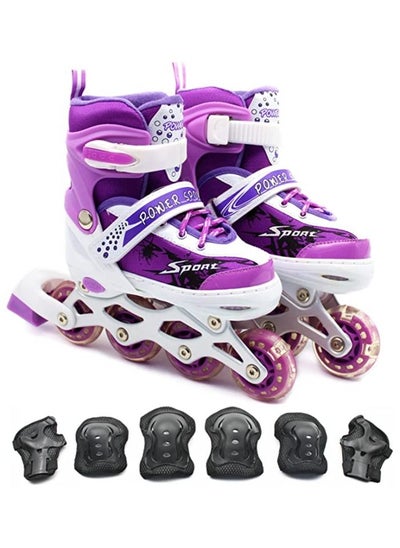 Buy Inline Skates Adjustable Size Roller Skates with Flashing Wheels Children Skate Shoes Including Protective Gear Knee Elbow Wrist purple colour in UAE