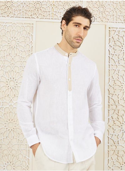 Buy Premium Cotton Slub Contrast Mandarin Collar Regular Fit Shirt in Saudi Arabia