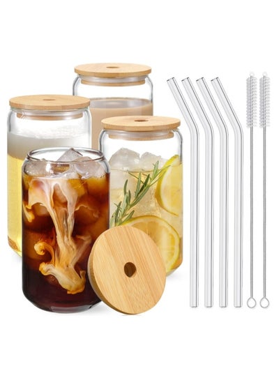 Buy Glass cups Glasses with Bamboo Lids and Glass Straw 4pcs Set in UAE