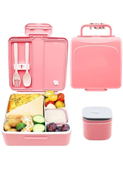 Buy Kids Bento Lunch Box - Lunch Container with Sauce Jar, Spoon&Fork 4-Compartment, On-the-Go Meal and Snack Packing - Leak Proof, Durable, Microwave Safe (Pink) in Saudi Arabia