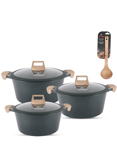 اشتري LIFE SMILE Granite Stone Non-Stick Cooking Set - Multi-Layer Granite Coated Cookware with Induction Base and Bakelite Handles, 100% PFOA-Free Pots (Greenish, 24/28/32CM) في الامارات