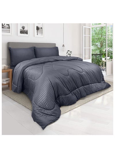 اشتري Down Alternative Comforter  Set -Ultra Soft Brushed Stripe Microfiber Fabric, 200GSM Soft Fibersheet Filling, Size : King  240 x 260cm , Color: Dark Grey في الامارات