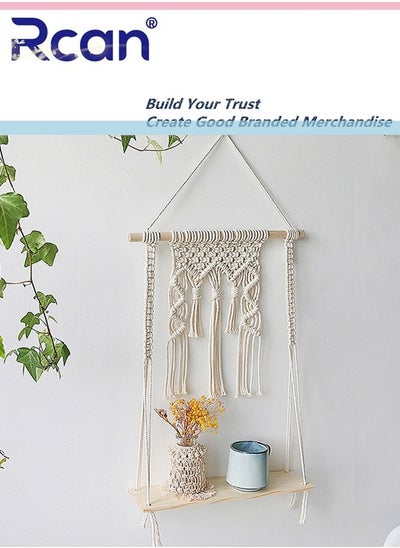 اشتري Boho Style Wooden Wall Hanging Shelve with Woven Rope Plants Flower Pot Stand Storage Organizer Hanging Floating Shelf for Dorm Living Room Bedroom Decor في السعودية