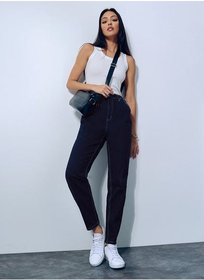 Buy High Rise Elasticated Band Mom Fit Jeans in Saudi Arabia